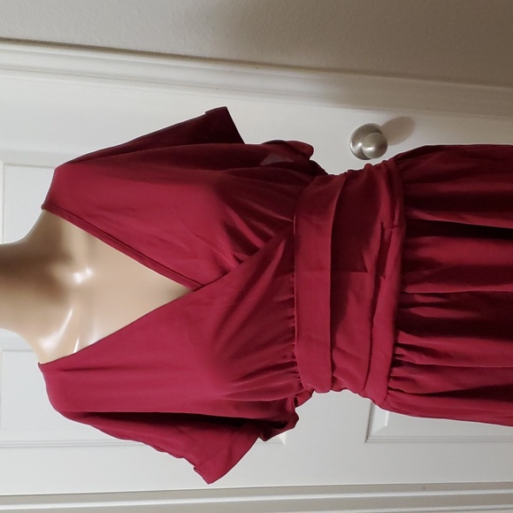 GOMORN l flowy chiffon burgandy midi slip on smock waist surplice batwing sleeve - Picture 7 of 13